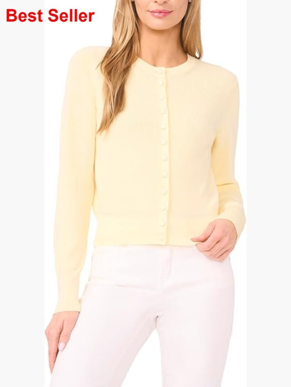 Long Sleeve Crew Neck Cardigan with Self Covered Buttons